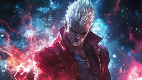 Storm-lit antihero stands in swirling red and blue flames