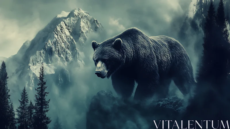 Misty mountain bear wanders calmly through the quiet pines