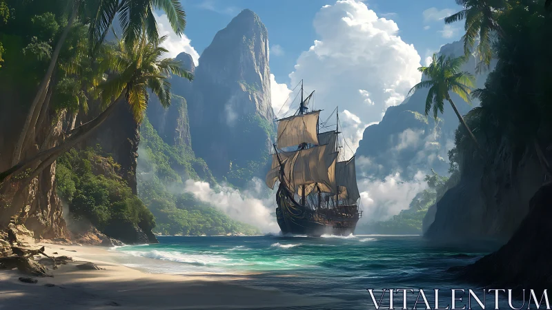 Sailing vessel navigating tropical waterway between vertical rock formations.