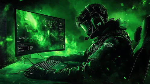 Cyber gamer in neon green command center environment.