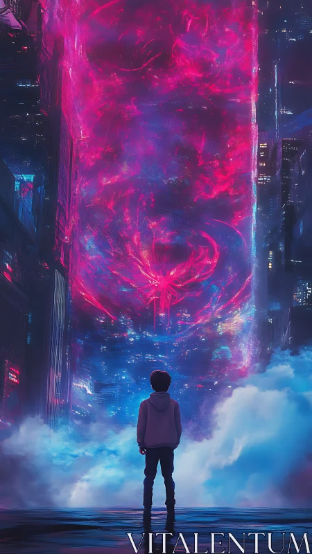 Young dreamer gazes into a swirling neon cosmic gateway