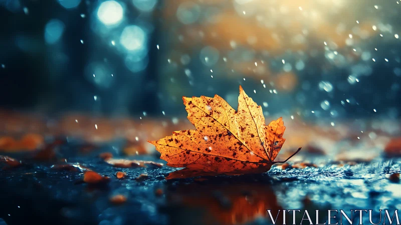 Autumn leaf glows on wet pavement under soft falling rain.