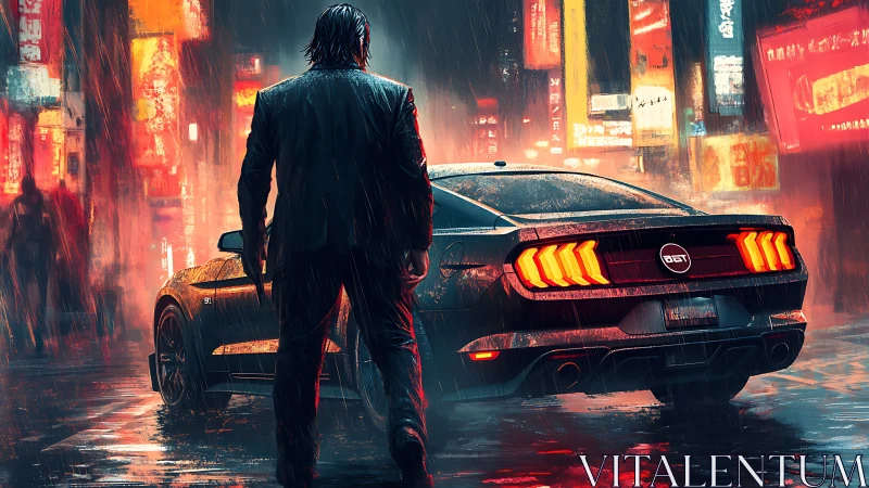 Neon rain vigil beside muscle car in futuristic alleyway.
