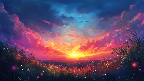 Digital landscape of sunset sky over meadow horizon.