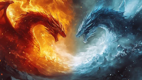 Fiery and icy dragons roar as swirling elements collide in battle