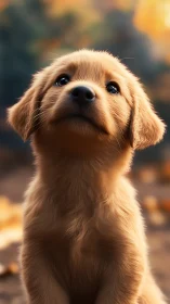 Golden puppy portrait shows detailed fur and soft bokeh light