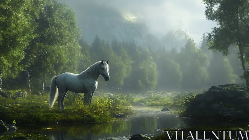 Mist-kissed valley pauses to crown a lone white horse