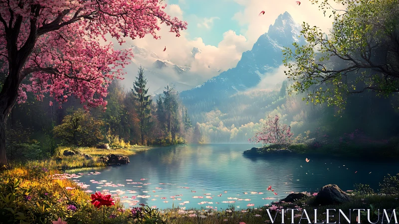 Serene lake with blossom trees and distant mountain peaks.