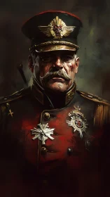 Scarred field marshal studies the darkness beyond the frame