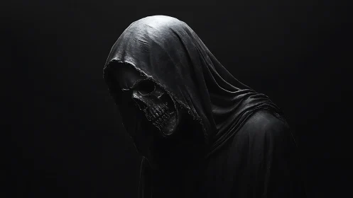 Hooded skeletal reaper emerges from darkness in eerie silence