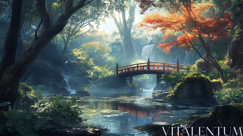 Quiet red bridge over misty falls in a dreamlike forest.