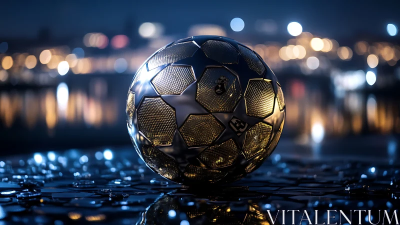 Chromed polyhedral football under nocturnal bokeh luminance field.