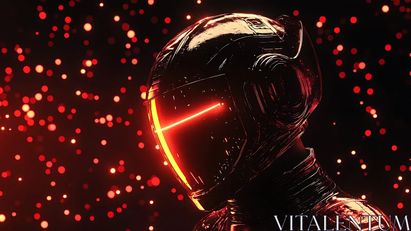 Luminous cybernetic helmet glows amid drifting red particles