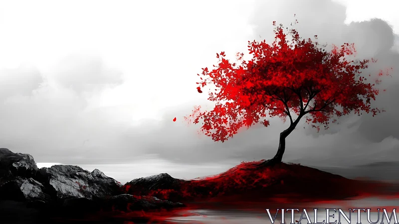 Solitary crimson tree glows against misty monochrome shore