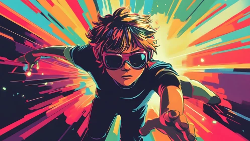 Speeding youth in neon motion burst digital artwork.