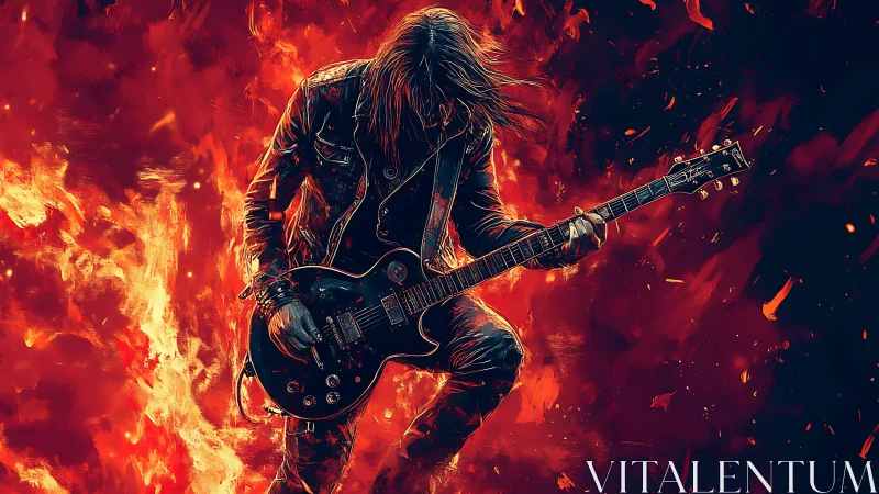 Guitarist silhouette stands before stylized red flame field