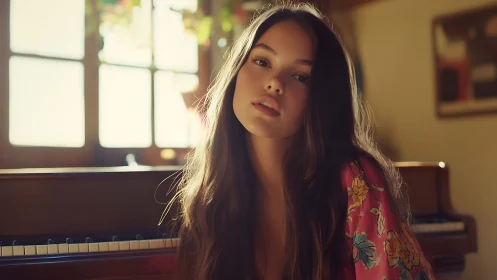 Soft sunlight frames young woman by piano in warm room.