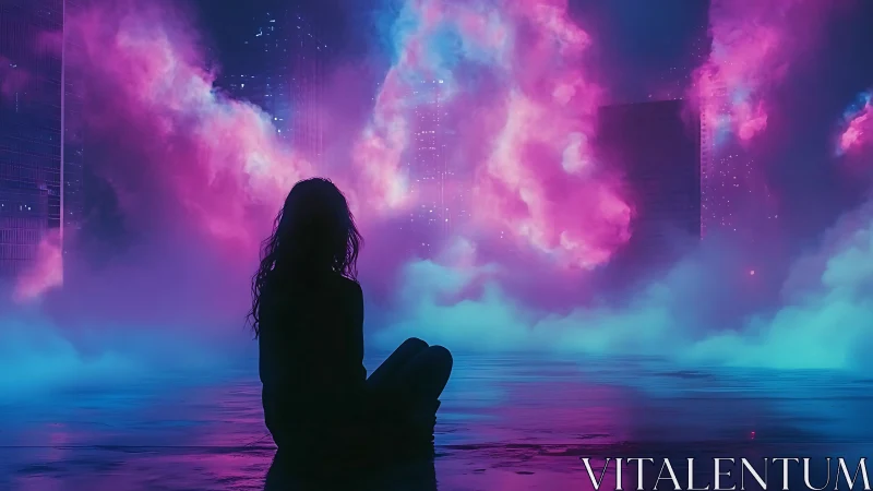 Neon dreamwatcher gazes into swirling cyberpunk sky.