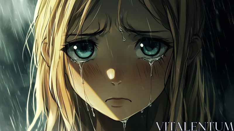 Close-up anime portrait of crying girl in heavy rain.