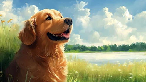 Golden retriever portrait beside lake under bright sky.