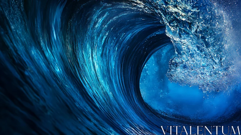 Powerful blue ocean wave curls inward in dynamic motion