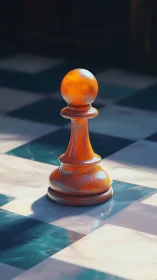 Quiet orange chess pawn glows gently on a sunlit board