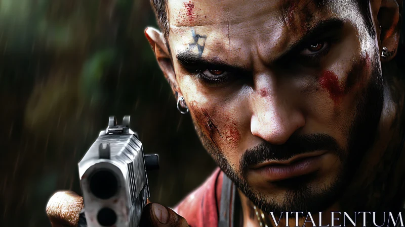 Scarred gunman in intense close-up digital portrait.