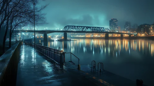 Urban river bridge and wet riverside walkway at night