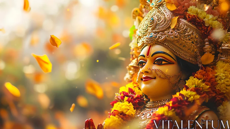 Hindu goddess idol with marigold garlands and petals.