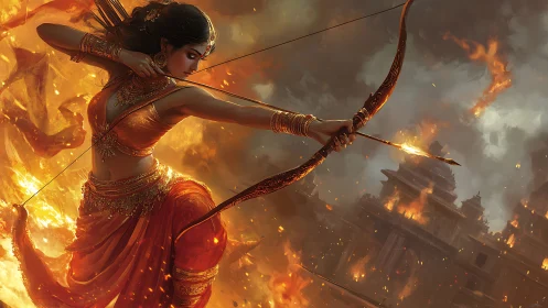 Digital painting of warrior archer amid incendiary temple siege.