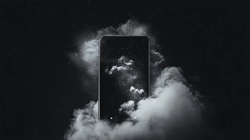 Bezel-less smartphone floating in volumetric cloud nebula field
