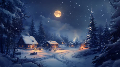 Snowy winter cabins under moonlit night sky scene.