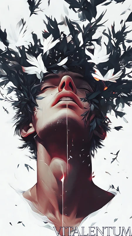 Surreal portrait of figure with blooming head and petals.