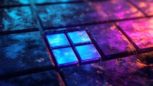 Futuristic Glowing Glass Tiles with Neon Blue and Purple Lighting.