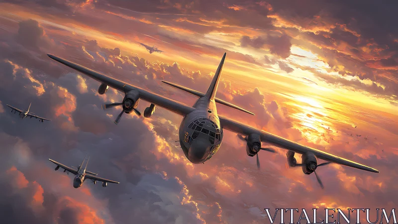 Military prop aircraft squadron cuts through radiant sunset cloudscape