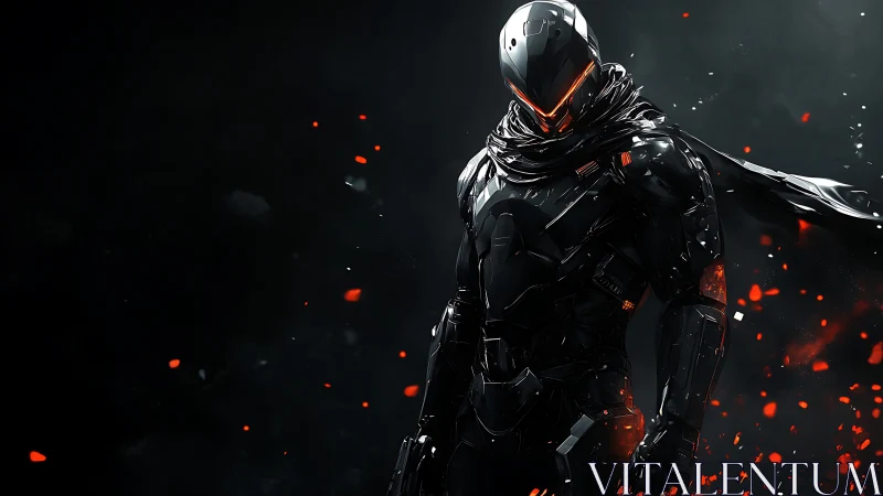 Cybernetic assassin in molten ember cloak, high contrast render.