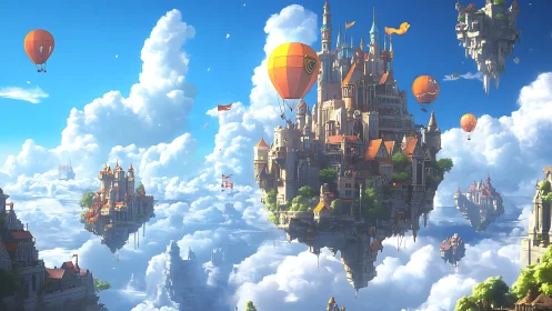 Floating multi-tower castles with hot air balloons in sky.