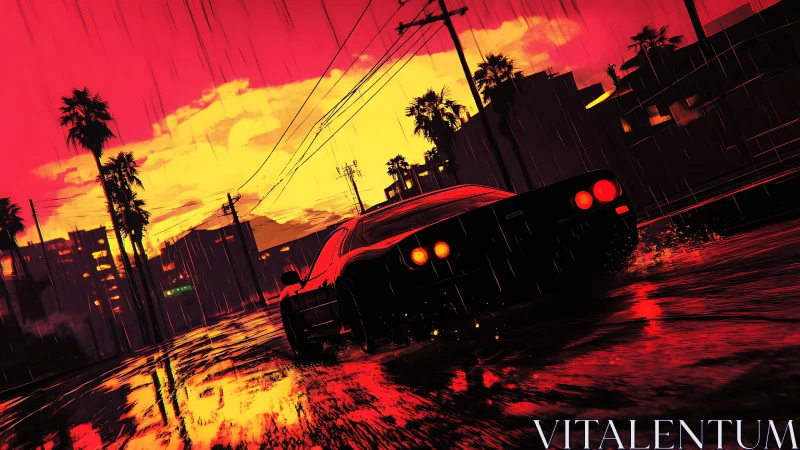 Neon rainstorms chase a speeding muscle car through dusk streets