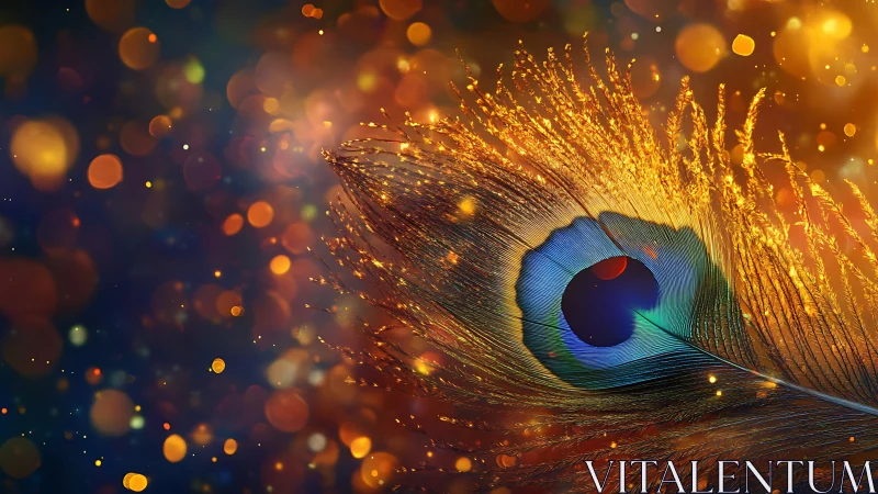 Glowing peacock feather resting in a dreamy golden sparkle.