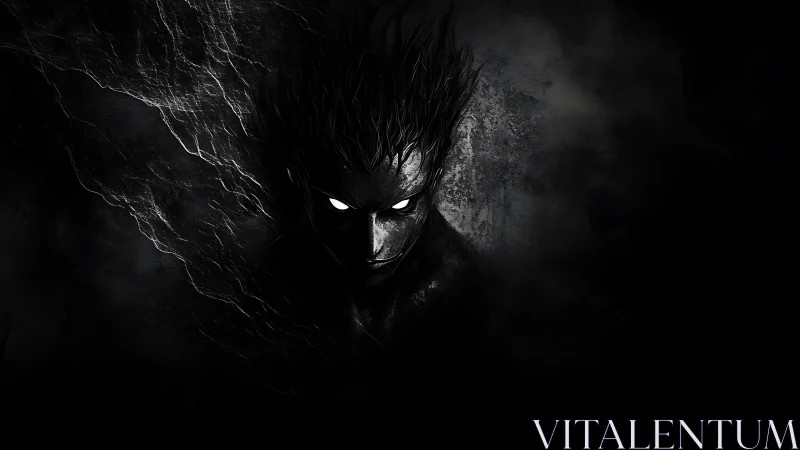 Monochrome demonic portrait in high-contrast digital painting.