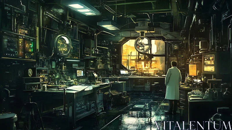 Golden sunrise spills into a bustling futuristic lab workspace