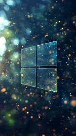 Glowing glass window logo suspended in bokeh particle field