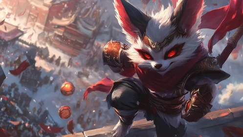 Scarlet-eyed festival fox rogue vaults above roaring streets.