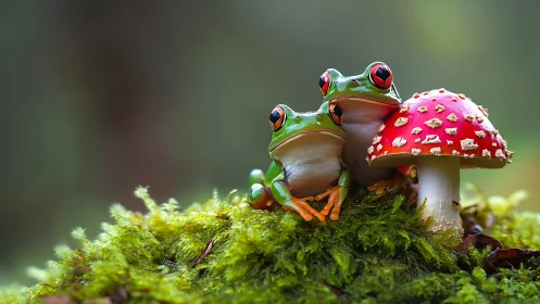Macro study of red-eyed tree frogs with fly agaric mushroom.