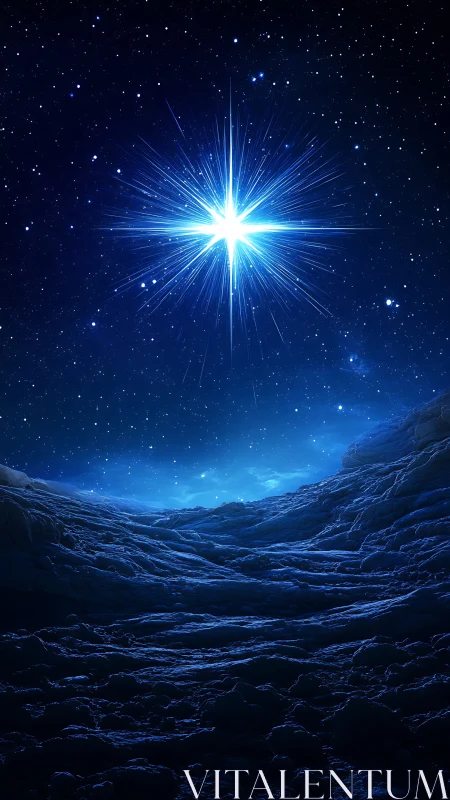 Luminous stellar burst above frozen extraterrestrial valley.
