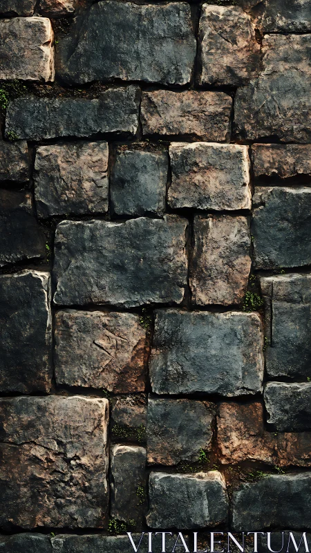 Weathered stone block wall with irregular dark surfaces.
