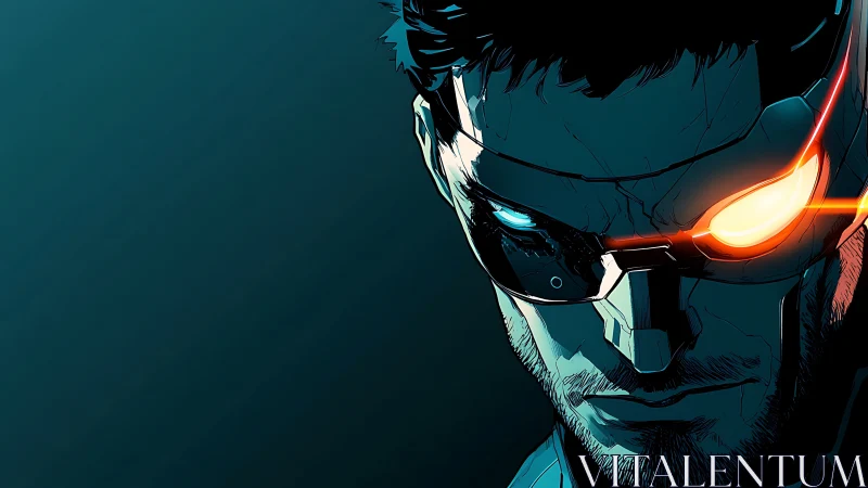 Neon-eyed cyborg studies the dark horizon in simmering focus