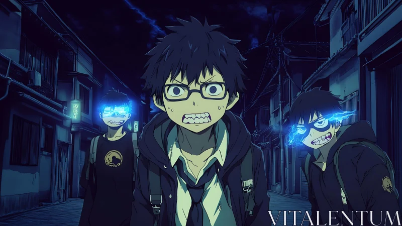 Night alley pursuit with anxious teen and two electrified clones