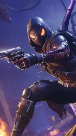 Hooded tactical figure aiming pistols in neon-lit scene.