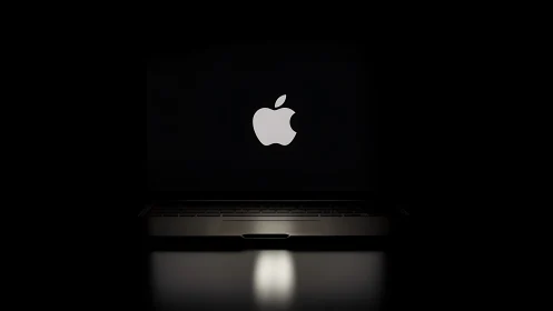 Laptop with glowing apple logo in dark minimal studio.